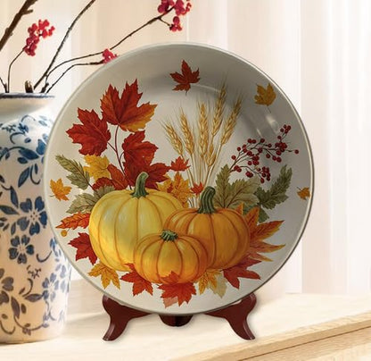 Fall Pumpkin Maple Decorative Plates Wall Hanging 10 Inch - Autumn Harvest Home Decor - Houseuse