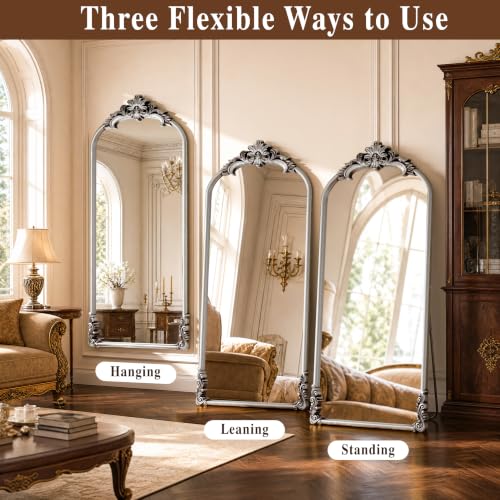 Vintage Arched Floor Mirror 28x69 Inches with Stand - Antique Silver Finish