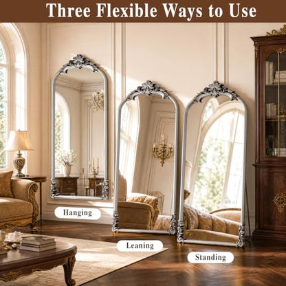 Vintage Arched Floor Mirror 28x69 Inches with Stand - Antique Silver Finish