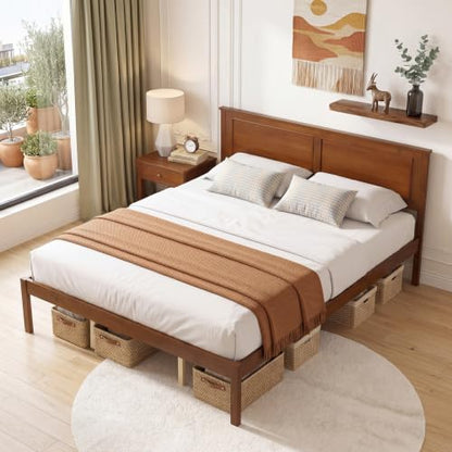 Queen Size Farmhouse Wooden Platform Bed Frame with Headboard - Walnut Open Footboard