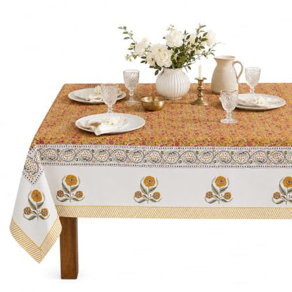 Pink Yellow Floral Rectangle Cotton Tablecloth 72x120 Inch Hand Block Printed Fall & Festive Decor