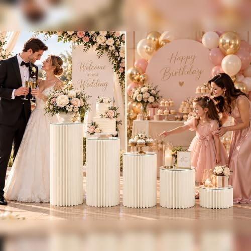 Foldable White Cylinder Pedestal Stands with Acrylic Plates - 5 Pack, Multi-Height, 11.8 Inch Cake Display for Parties - Variation of 5PCS-7.8/15.7/23.6/31.5