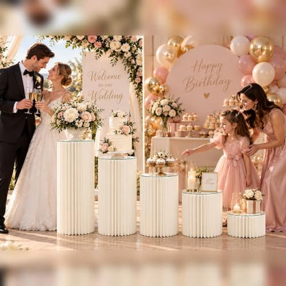 Foldable White Cylinder Pedestal Stands with Acrylic Plates - 5 Pack, Multi-Height, 11.8 Inch Cake Display for Parties - Variation of 5PCS-7.8/15.7/23.6/31.5