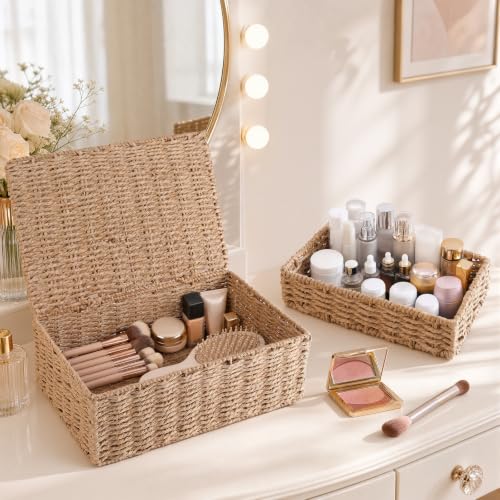 Decorative Storage Baskets with Lids - Woven Paper Rope Organizers Set