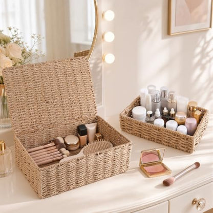 Decorative Storage Baskets with Lids - Woven Paper Rope Organizers Set