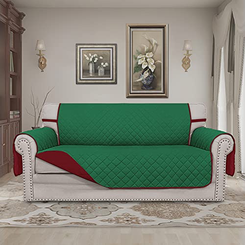 Reversible Couch Cover for Sofa with 2 Cushions - Green & Christmas Red, Medium-XL Loveseat