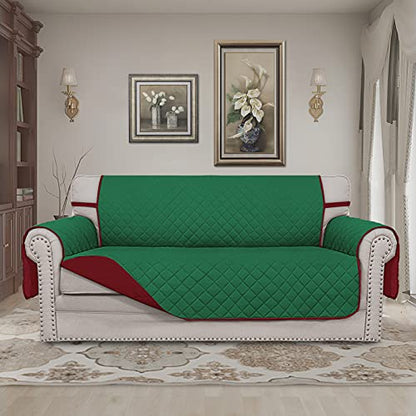 Reversible Couch Cover for Sofa with 2 Cushions - Green & Christmas Red, Medium-XL Loveseat