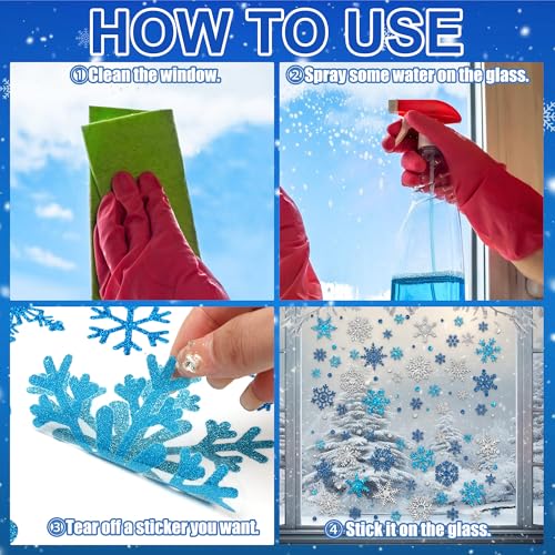 9 Sheets Glitter Snowflake Window Clings for Christmas Holiday Decor - Blue & Silver