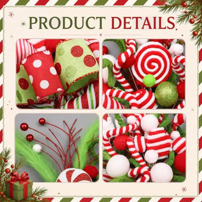 Christmas Tree Topper Set - Red & Green Whimsical Holiday Decor with Bow and Candy Canes - Novelty