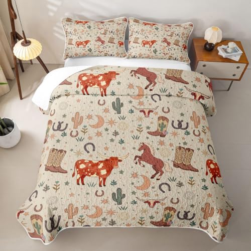 Western Cowboy Quilt Set Full Size with Pillowcases - Terracotta Peach & Oat Cream - All Season Rodeo Bedding for Kids & Teens