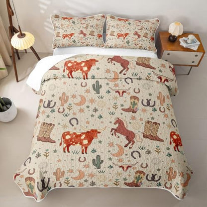 Western Cowboy Quilt Set Full Size with Pillowcases - Terracotta Peach & Oat Cream - All Season Rodeo Bedding for Kids & Teens