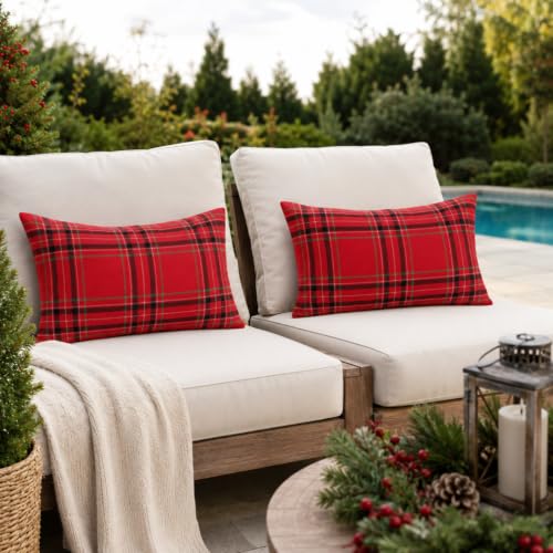 Irenare Waterproof Outdoor Pillow Cover Set - 20 x 12 Inch Christmas Plaid Lumbar Pillow Cases, Pack of 2