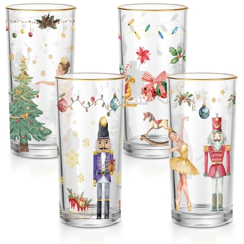 Wonderland Christmas Highball Glasses Set - 15oz Holiday Drinkware with Gold Rim