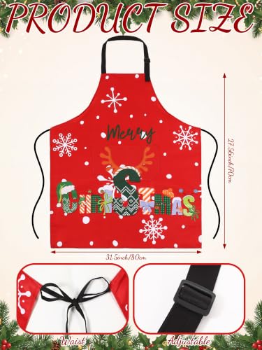 Christmas Aprons Set - Snowy Red with Pockets, 6 Pack