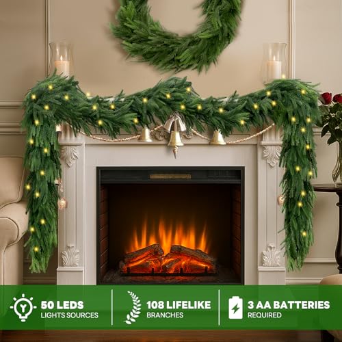 Green 9FT Artificial Norfolk Pine Garland with Lights - Pre-Lit Christmas Decor