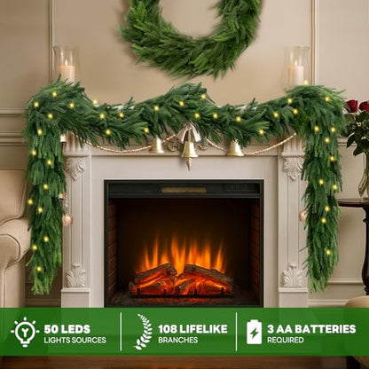 Green 9FT Artificial Norfolk Pine Garland with Lights - Pre-Lit Christmas Decor