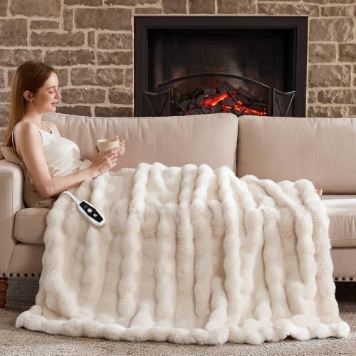 Electric Heated Blanket Throw 50x60 Bubble Beige Faux Fur with Overheat Protection