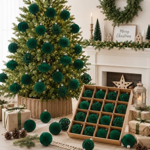 Velvet Christmas Ornaments Set 46 pcs Forest Green Shatterproof Holiday Decor - Variation of THIS listing