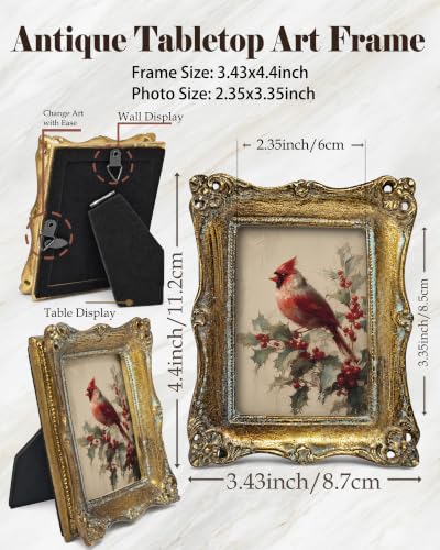 Vintage Gold Small Picture Frame Wall Art 3x4 Inch with Artwork