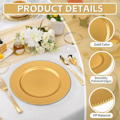 Gold Charger Plates Set of 12 - 13 Inch Beaded Rim Plastic Dinnerware for Weddings and Holidays - Variation: Gold / 12