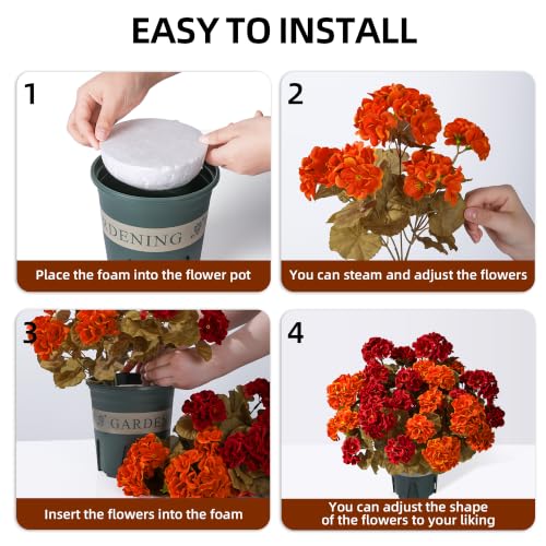 Artificial Geranium Flowers for Outdoors 12-Pack Fall Garden Decor with Red & Orange Variations
