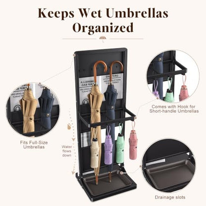 Large Wet Umbrella Stand with Bag Holder and Drip Tray - Entryway Organizer