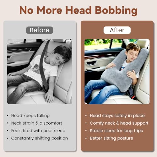 Kids Car Seat Travel Pillow - Toddler Neck Support Cushion Grey