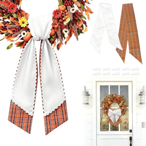 Orange White Layered Wreath Sash Set for Front Door - Gingham & Ric Rac Style - 2 Pieces