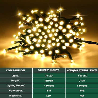Battery Operated String Lights with Remote - 50 LED Warm White, 4 Pack 16.5Ft Dark Green Wire, 8 Modes & Timer