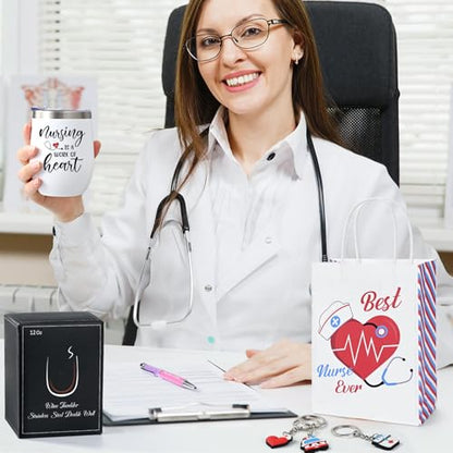 White Insulated Wine Tumbler Set of 6 Nurse Appreciation Gifts with Key Chains