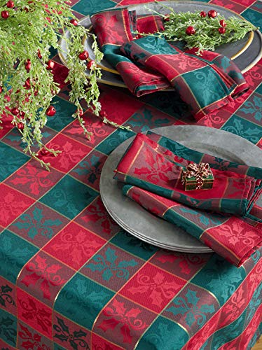 Holiday Plaid Tablecloth 50 x 70 Inches - Red and Green Christmas Décor with Gold Woven Detail