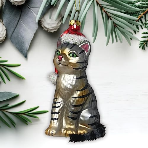 Adorable Tabby Cat with Santa Hat Glass Christmas Ornament - Seasonal Decor