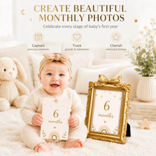 Baby Monthly Milestone Photo Frame Set - Gold Resin with Monthly Cards