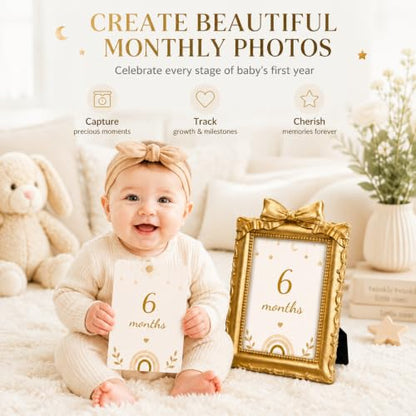 Baby Monthly Milestone Photo Frame Set - Gold Resin with Monthly Cards