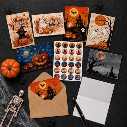Halloween Greeting Cards Set with Envelopes and Stickers - 24 Pack 4x6in