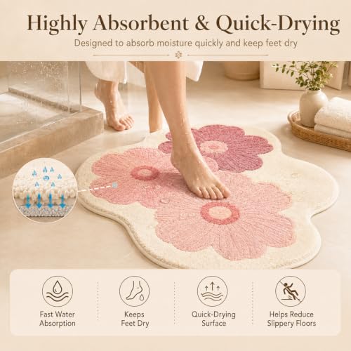 Pink Flower Bath Mat - 19x47 Inch Non-Slip Water-Absorbent Rug for Bathroom & Bedroom (Pink-C)