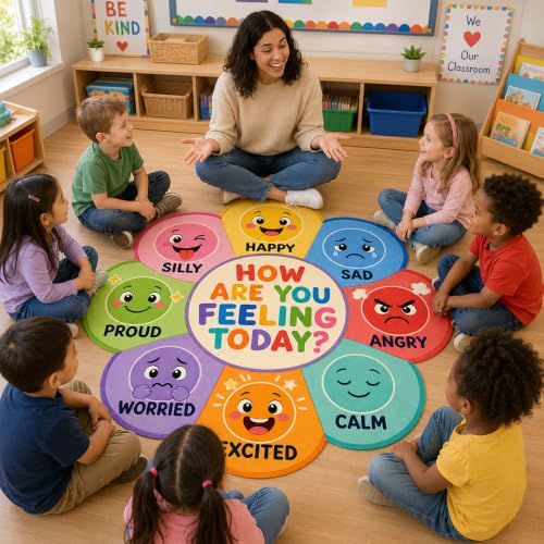 Kids Emotions Classroom Rug - Flower Shape Feelings Chart Floor Mat for Circle Time