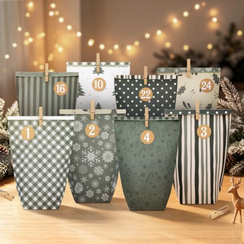 Green Advent Calendar Bags to Fill - 24 Days DIY Kraft Paper Christmas Countdown Kit