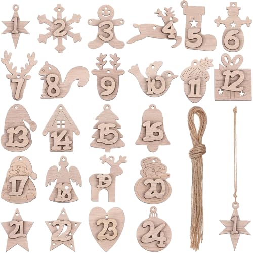 Wooden Christmas Advent Calendar Numbers 1-24 Countdown Decor Pendants