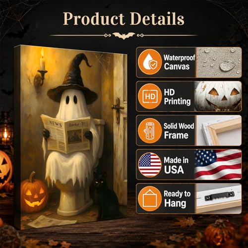 Halloween Ghost Bathroom Canvas Wall Art 8x12 Inches - Spooky Toilet Scene - Dark Halloween Home Decor - Pictures15