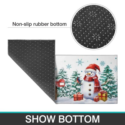 White Green Christmas Kitchen Rugs Set 17x47 & 17x30 Inches Snowman Tree Decor