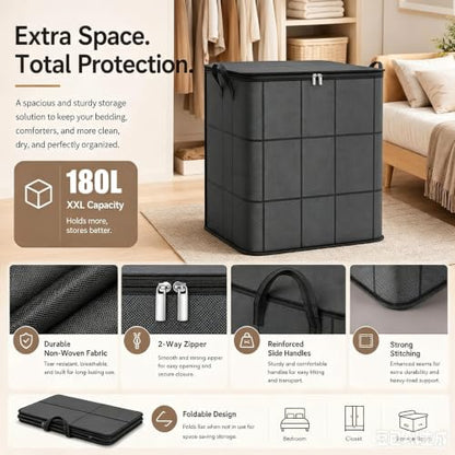 Extra Large Foldable Storage Bag with Reinforced Handles - 180L Capacity, 2 Pack - Moving & Organizing
