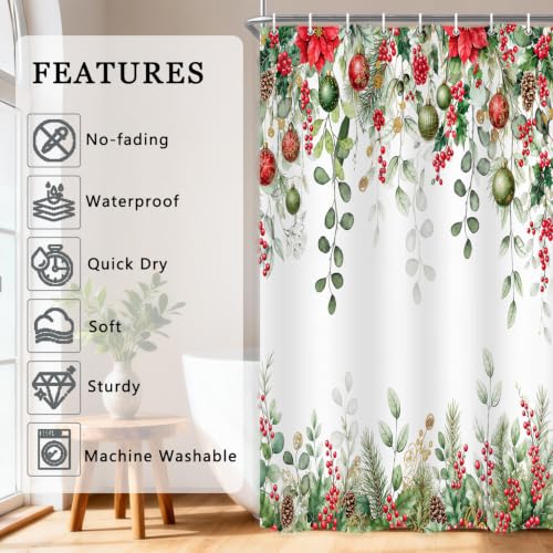 Christmas Eucalyptus Leaves Holly Shower Curtain Set with Hooks - Winter 72x72 Inches