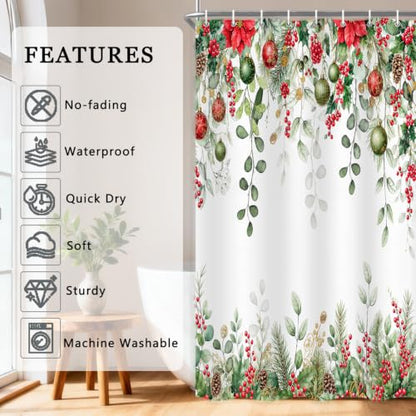 Christmas Eucalyptus Leaves Holly Shower Curtain Set with Hooks - Winter 72x72 Inches