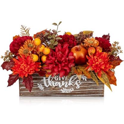 Fall Floral Centerpiece with Rustic Wooden Planter for Thanksgiving & Holiday Decor