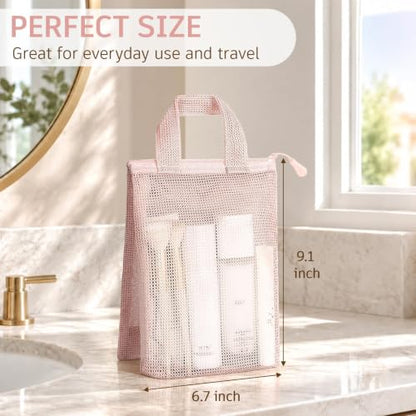 Pink Mesh Shower Bag with Zipper and 3 Pockets - Small Portable Shower Caddy