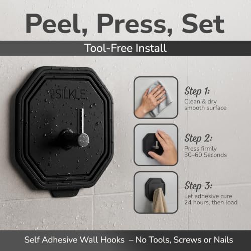 Black Silicone Shower Hooks 2-Pack - Waterproof Adhesive Towel Hooks for Bathroom