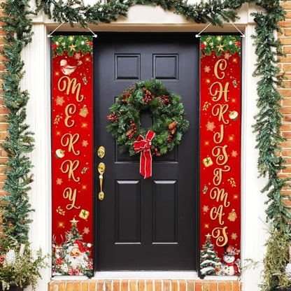 Large Christmas Door Banner Set - Merry Christmas Festive Holiday Decor for Indoor & Outdoor Porch Front Yard