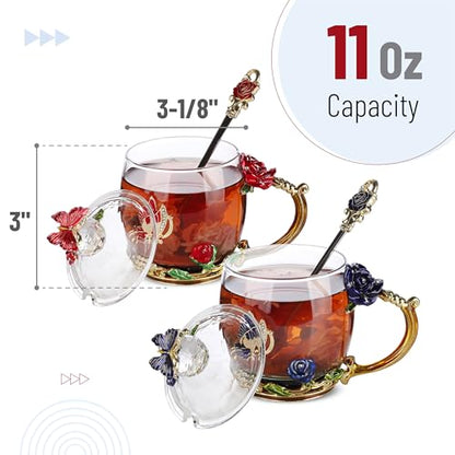 Glass Tea Cups Set with Lids and Spoons - 11 oz, Handmade, Gift Box