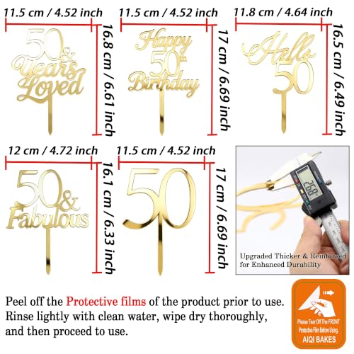 Gold Mirror Acrylic Cake Toppers Set of 5 for 50th Birthday & Anniversary